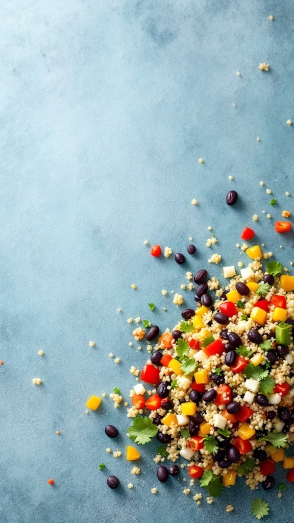A colorful quinoa and black bean salad with various vegetables.