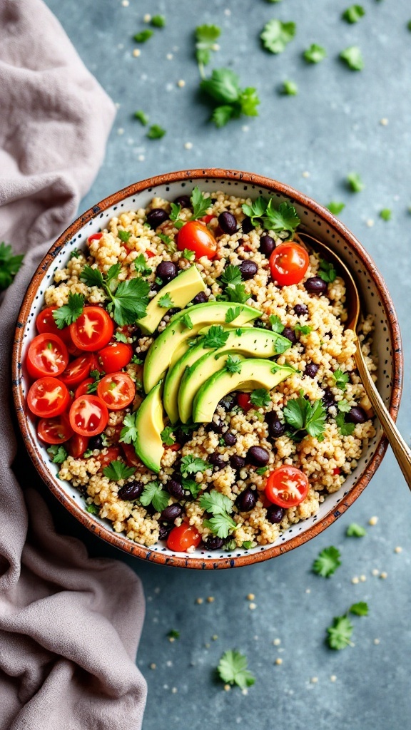 A vibrant quinoa and black bean salad topped with avocado and cherry tomatoes, garnished with fresh cilantro.