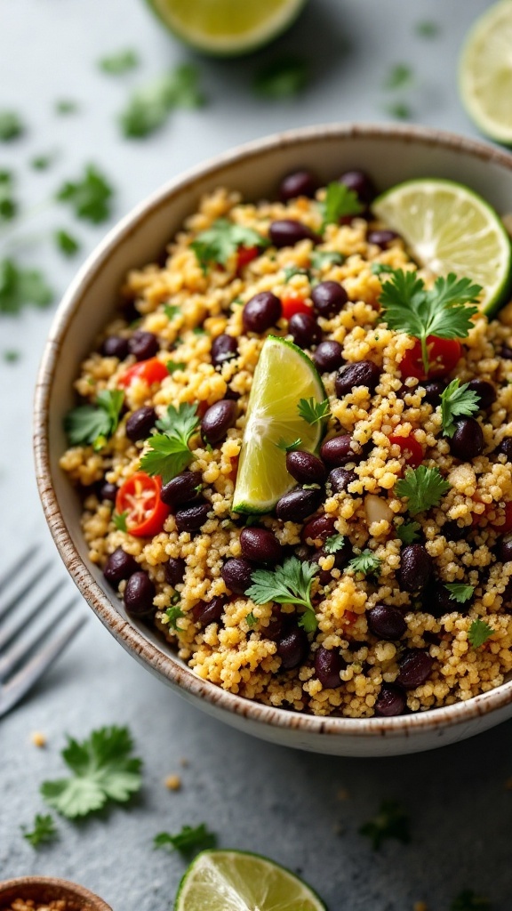 A colorful bowl of quinoa and black bean salad with lime and fresh herbs.