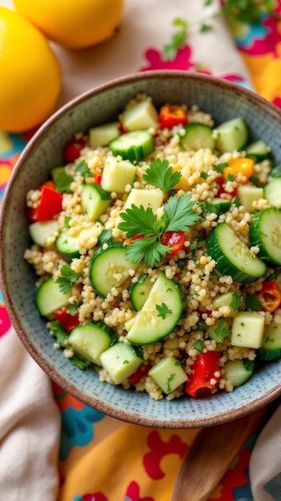 A colorful quinoa and cucumber salad bowl with fresh vegetables and herbs.