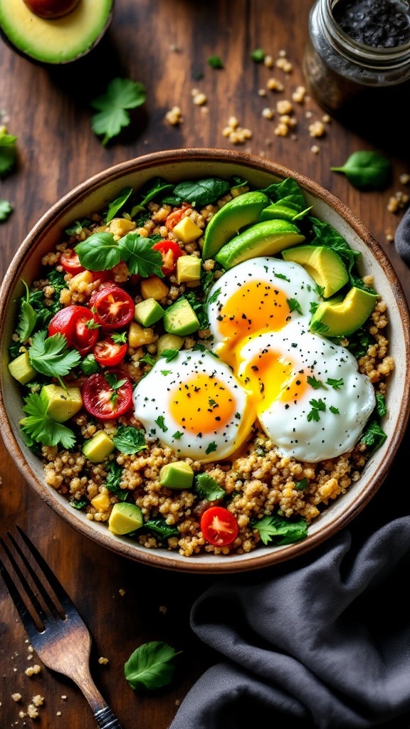 A delicious quinoa and spinach breakfast bowl topped with poached eggs, avocado, and tomatoes.