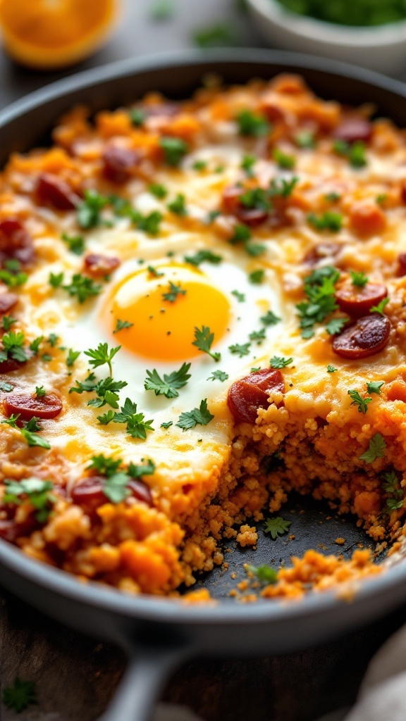 A savory quinoa and sweet potato bake topped with eggs and herbs.