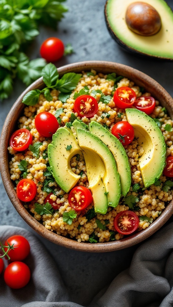A vibrant quinoa salad featuring avocado slices and cherry tomatoes.