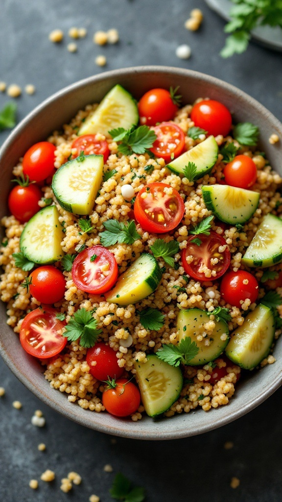 A colorful quinoa salad featuring cherry tomatoes, cucumber, and fresh herbs.
