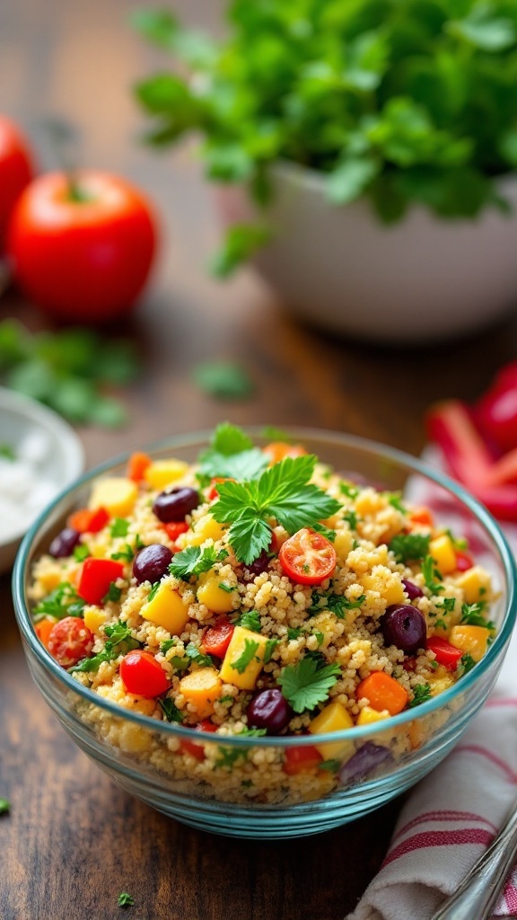 A bowl of colorful quinoa salad with vegetables and herbs.