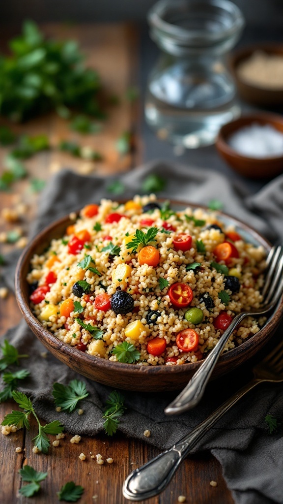 A colorful quinoa salad with cherry tomatoes, cucumber, bell pepper, and parsley.