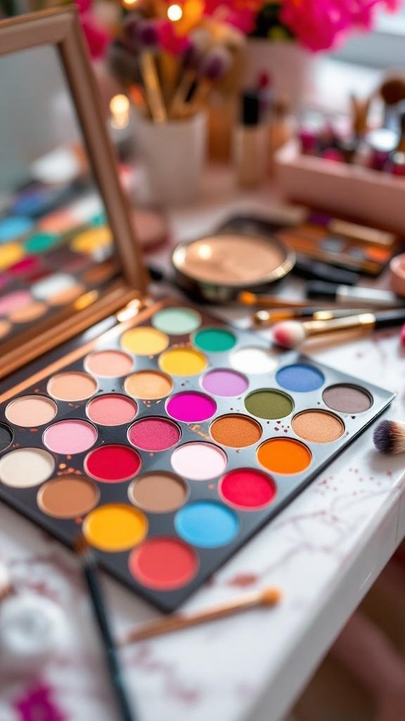 A colorful eyeshadow palette with various shades and makeup brushes on a table