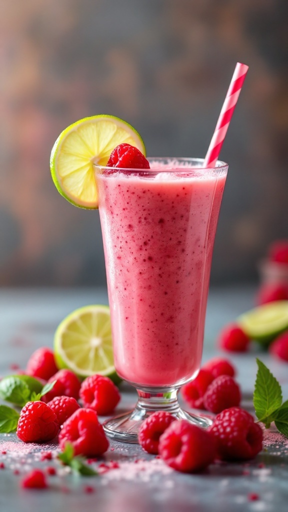 A refreshing raspberry and lime smoothie served in a glass