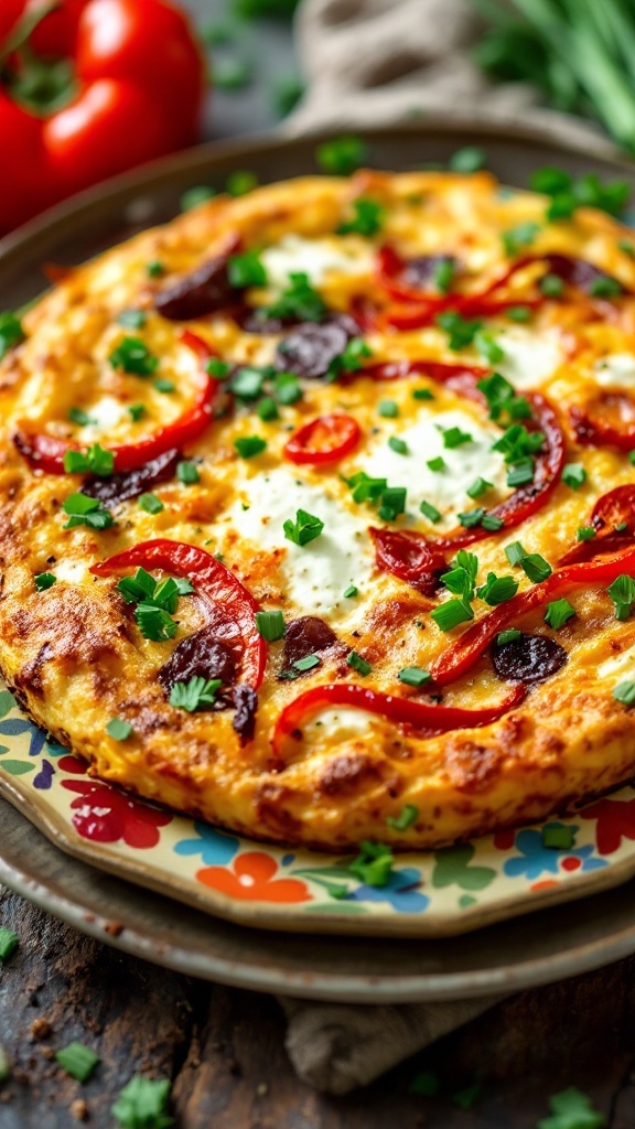 A delicious red pepper and goat cheese frittata garnished with herbs.