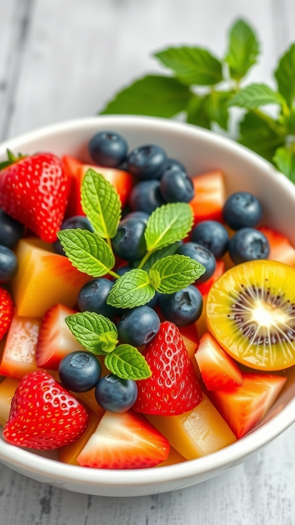A vibrant bowl of mixed fruit salad featuring strawberries, blueberries, pineapple, and kiwi, garnished with fresh mint leaves.