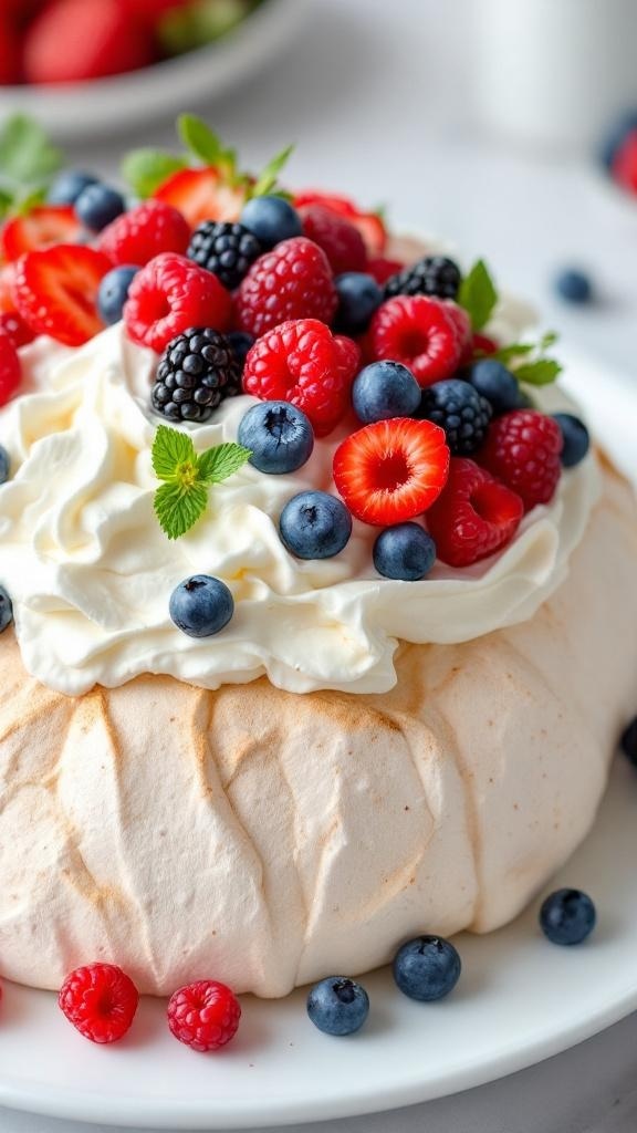 A beautifully arranged Berry Pavlova topped with whipped cream and fresh berries.