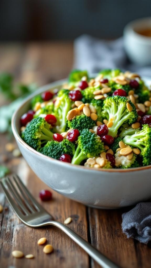 A bowl of broccoli salad with cranberries and sunflower seeds on a wooden table.