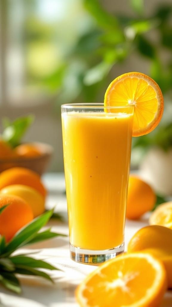 A refreshing orange and mango smoothie in a glass with a slice of orange on the rim.