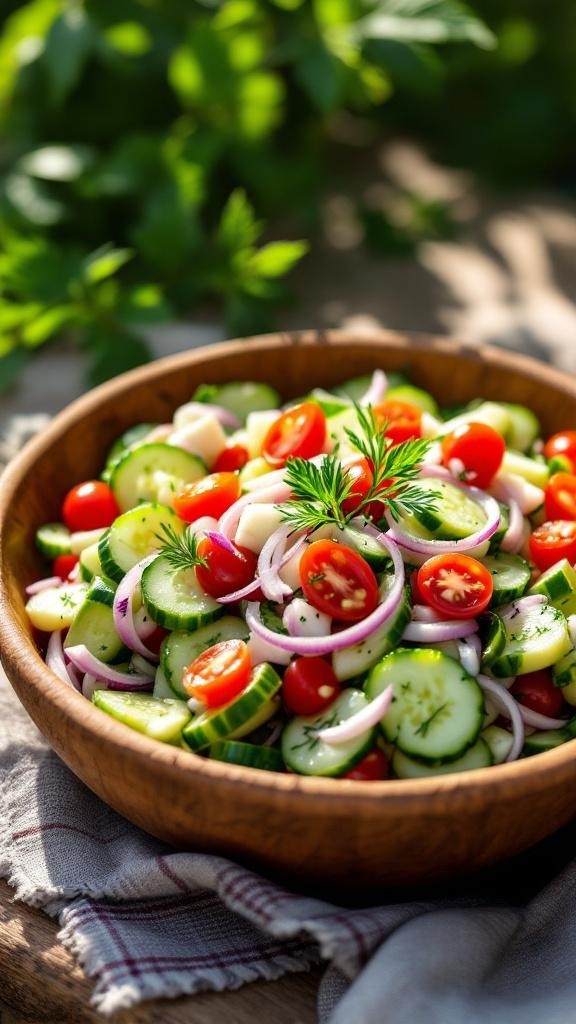 A bowl of refreshing cucumber salad with tomatoes and onions.