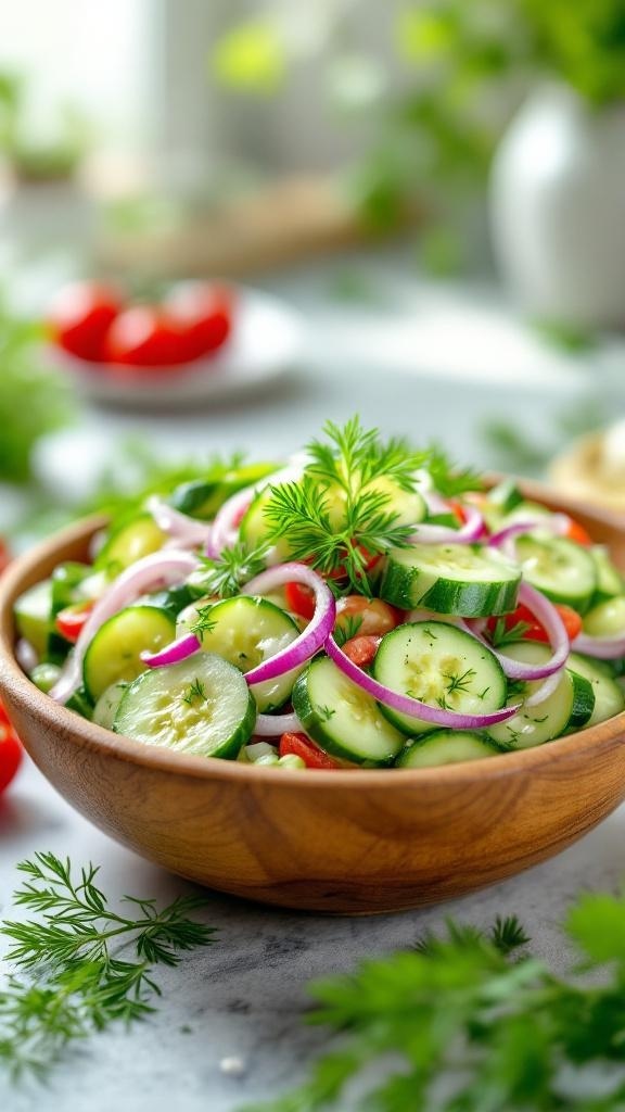 A bowl of refreshing cucumber salad with tomatoes, red onion, and dill.