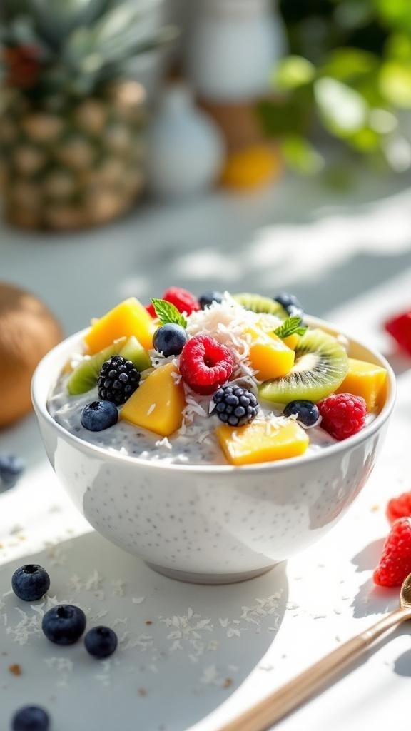 A bowl of coconut chia pudding topped with fresh fruits and shredded coconut.