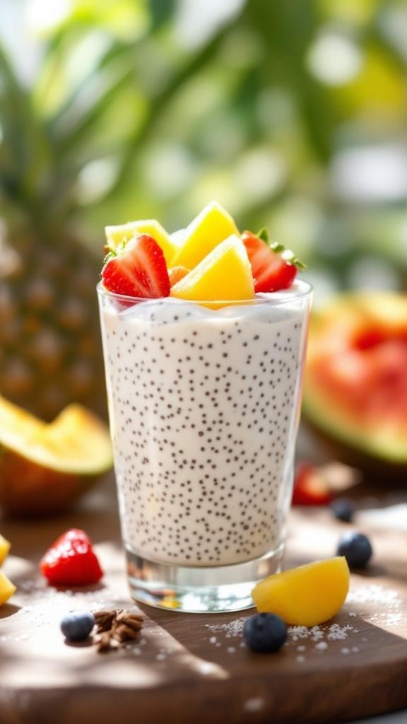 A glass of coconut chia seed pudding topped with fresh fruits.