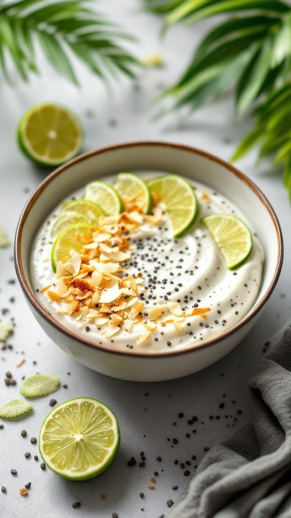 A bowl of Coconut Lime Chia Pudding topped with lime slices and toasted coconut flakes.