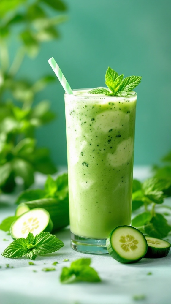 A refreshing cucumber mint smoothie in a glass with a green background.