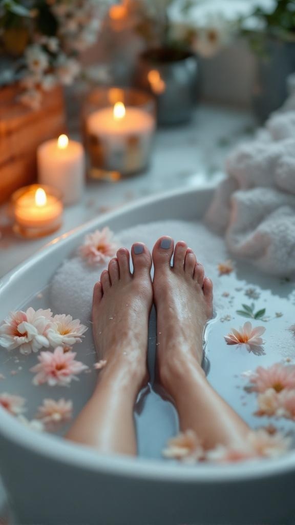 A relaxing foot soak with candles and flowers
