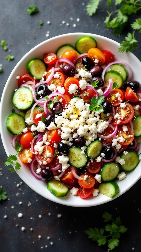 A bowl of Greek salad with tomatoes, cucumbers, olives, red onions, and feta cheese.