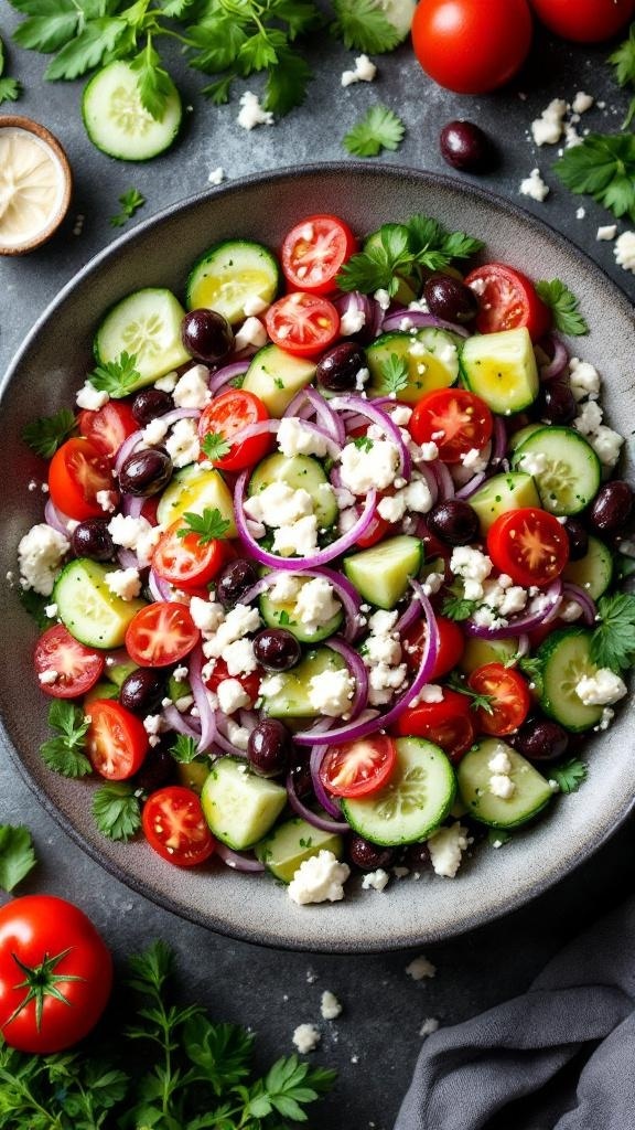 A vibrant Greek salad featuring tomatoes, cucumbers, olives, and feta cheese in a bowl.