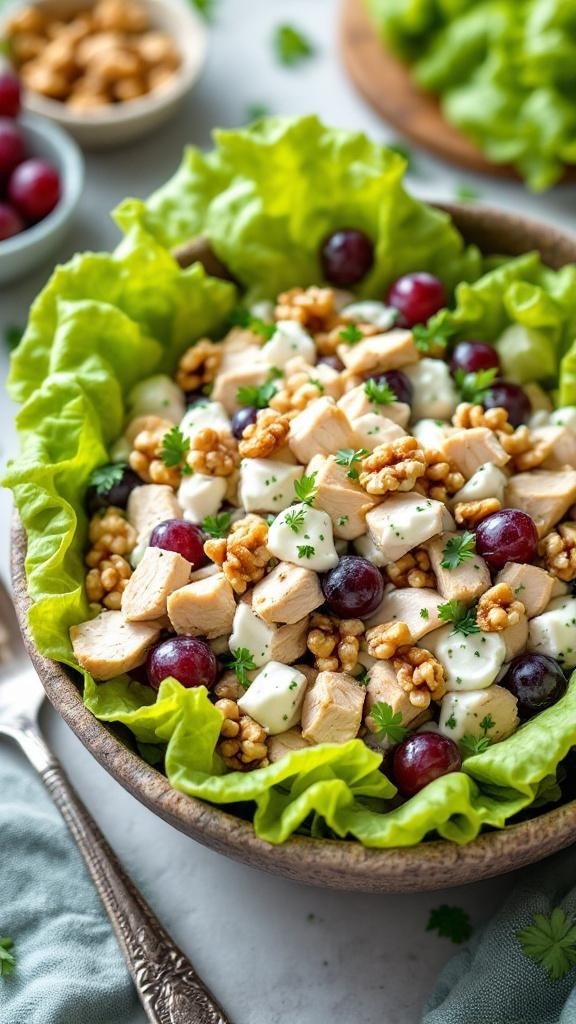 A bowl of Greek yogurt chicken salad with grapes and walnuts on a bed of lettuce.