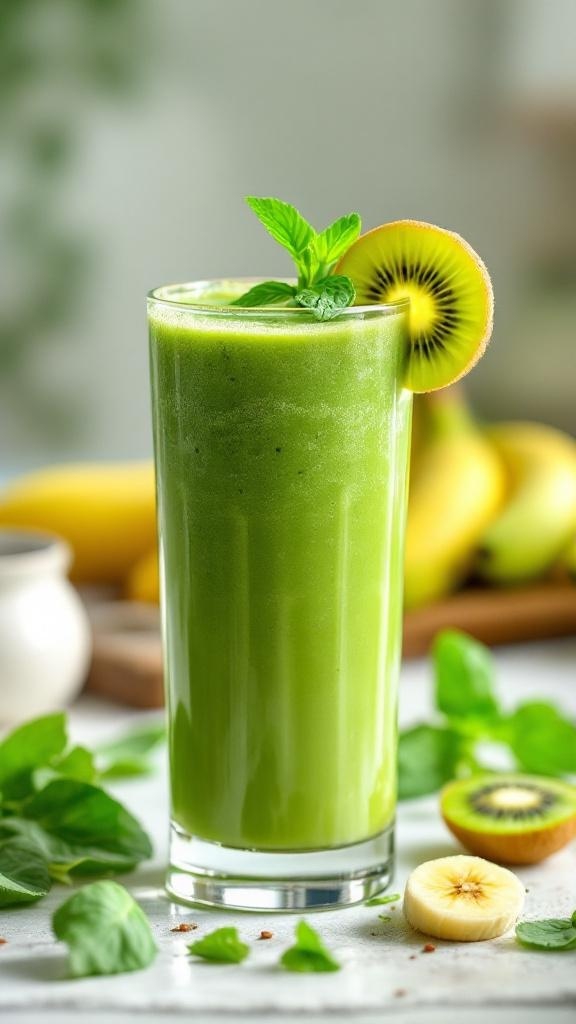 A refreshing green smoothie in a glass, garnished with mint and a slice of kiwi.