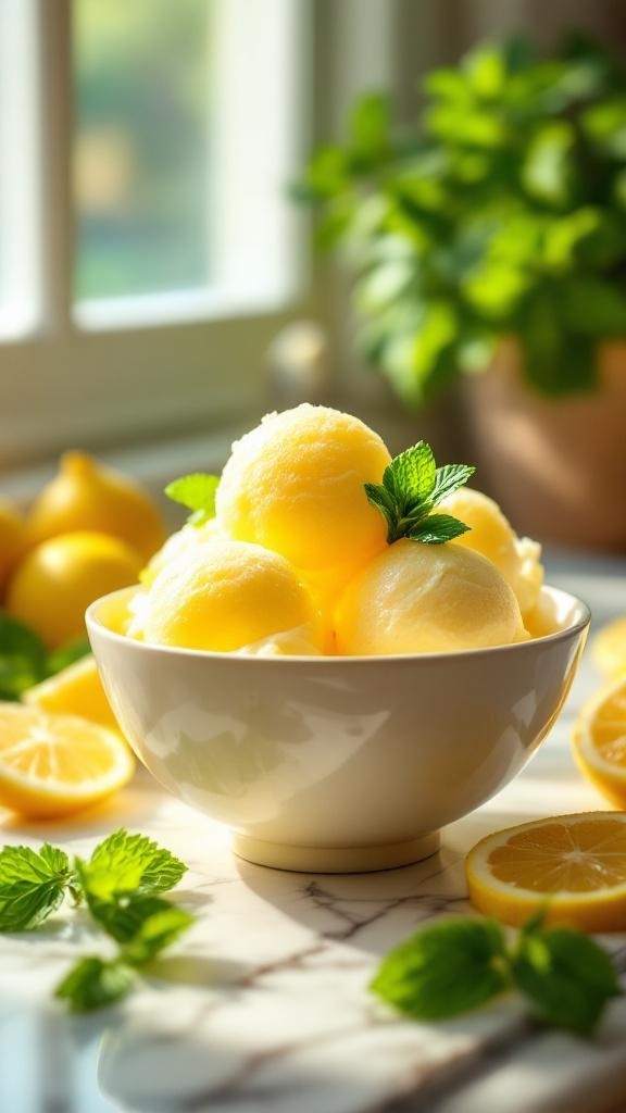 A bowl of lemon sorbet garnished with mint leaves, surrounded by fresh lemons.