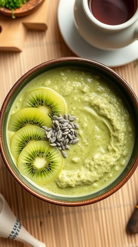 A bowl of matcha green tea overnight oats topped with kiwi slices and sunflower seeds.