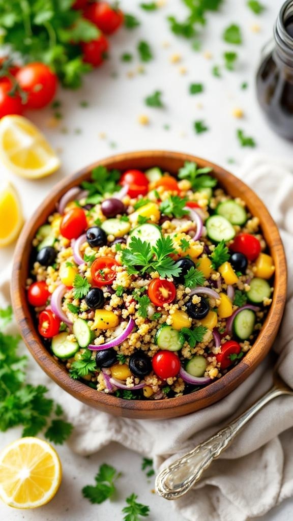 A colorful bowl of Mediterranean quinoa salad with fresh vegetables and herbs.