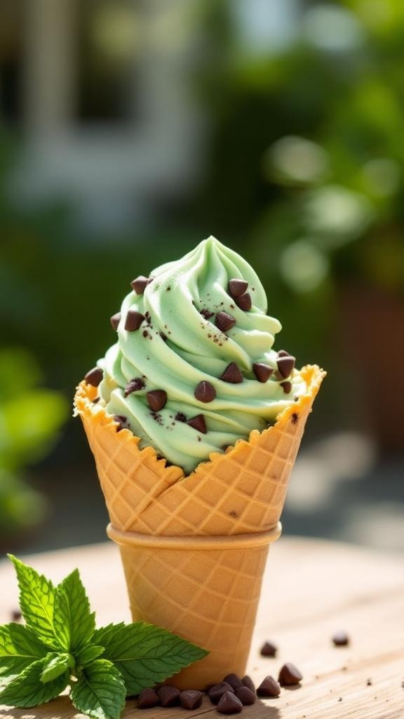 A delicious swirl of mint chocolate chip ice cream in a cone, garnished with chocolate chips and mint leaves.