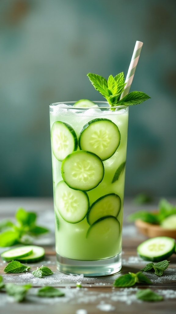 A refreshing drink made with cucumber and mint served in a tall glass.