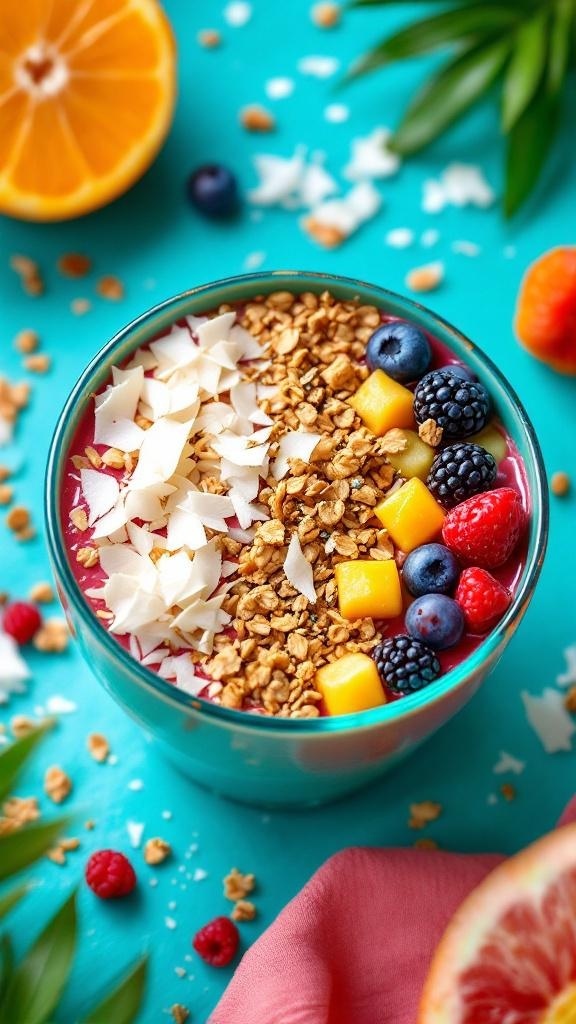 A colorful smoothie bowl topped with granola, fresh fruits, and coconut flakes.