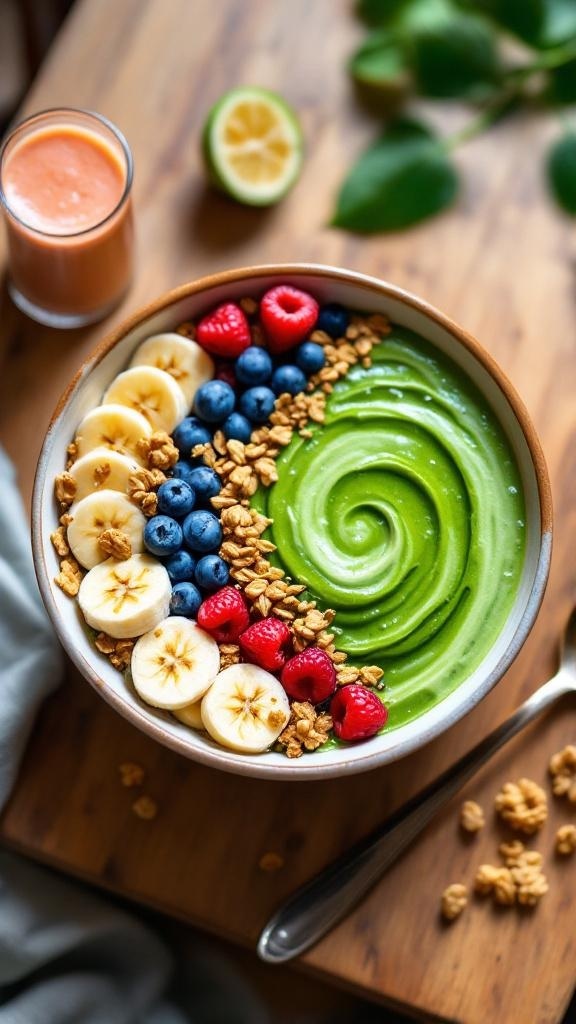 A vibrant smoothie bowl topped with granola, banana slices, blueberries, and raspberries.