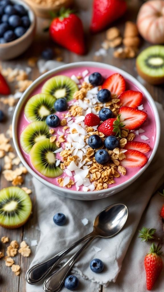 A colorful smoothie bowl topped with fruits and granola.