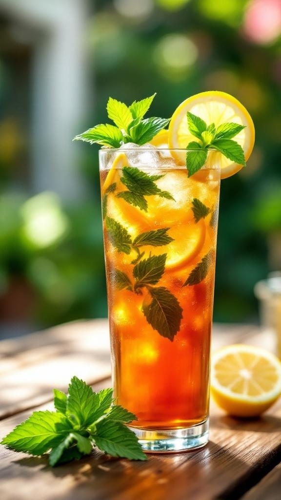 A refreshing glass of Southern sweet tea with mint and lemon, served on a wooden table.
