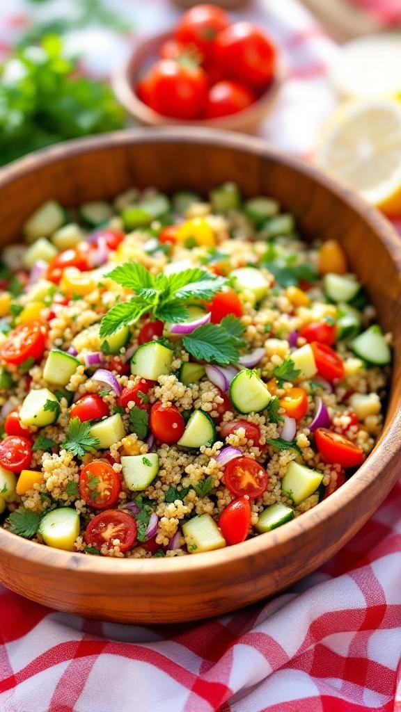A colorful bowl of summer quinoa salad with cherry tomatoes, cucumbers, and a citrus vinaigrette.