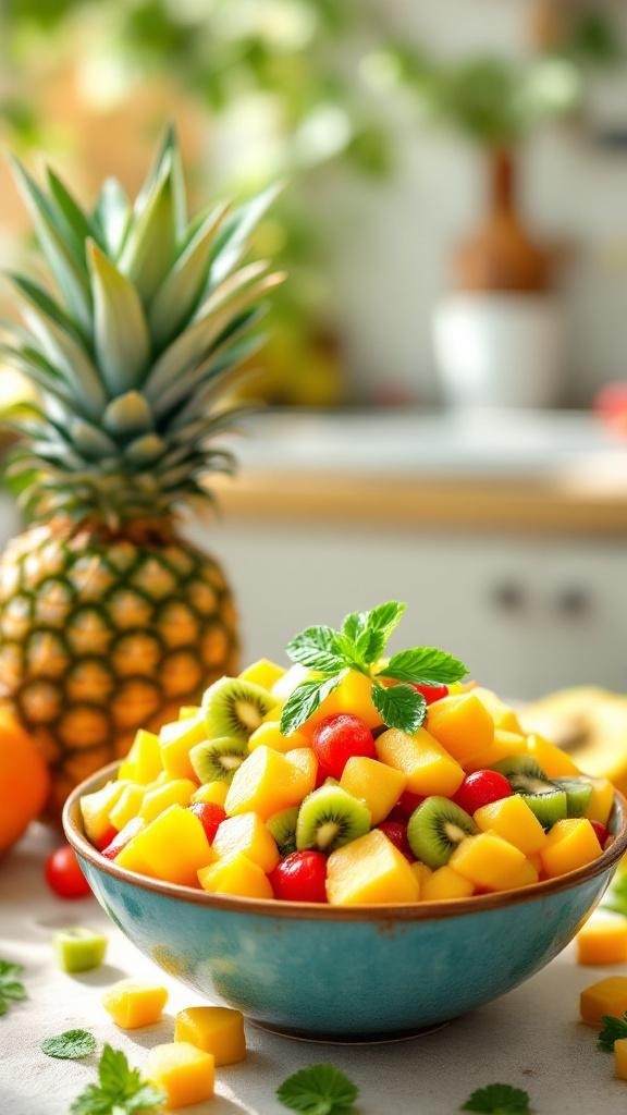 A colorful bowl of tropical fruit salad featuring diced mango, pineapple, strawberries, kiwi, and grapes, garnished with mint leaves.