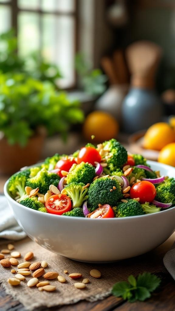 A vibrant bowl of vegan broccoli salad with cherry tomatoes, red onion, and sliced almonds, garnished with fresh parsley.