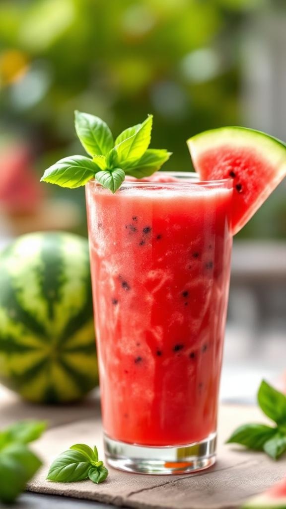 A refreshing watermelon basil smoothie in a glass, garnished with basil leaves and a slice of watermelon.