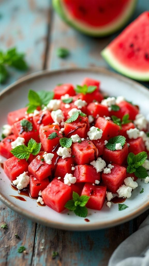 A refreshing watermelon salad with feta cheese and mint on a plate.
