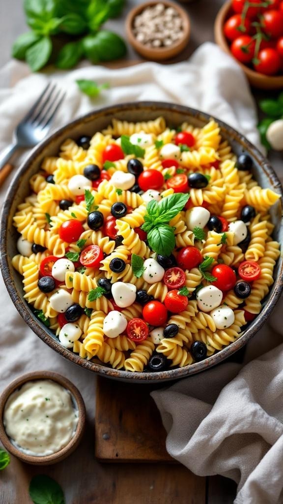A bowl of Mediterranean pasta salad with rotini, cherry tomatoes, mozzarella balls, and olives.
