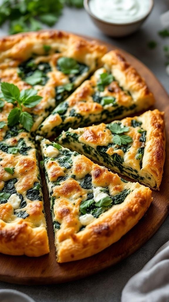 A delicious Mediterranean Spinach and Feta Pie, sliced and garnished with fresh herbs.