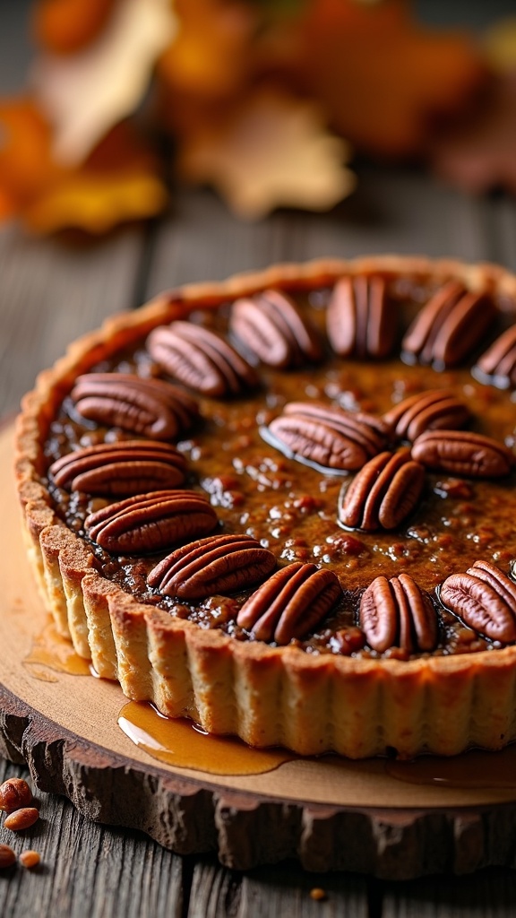 A delicious maple pecan tart with a golden crust and whole pecans on top, set against a rustic wooden background.