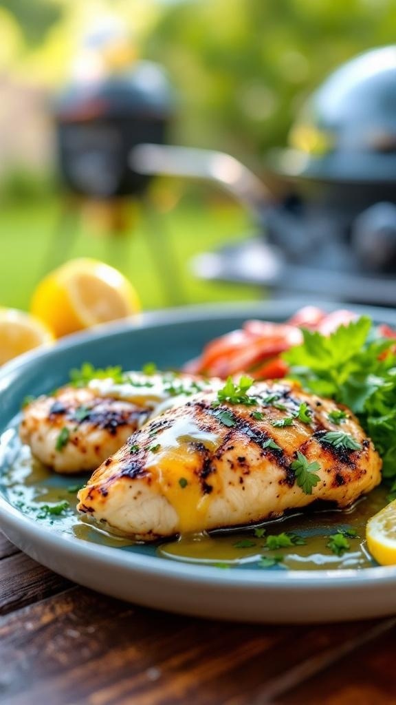 Lemon Herb Grilled Chicken served with fresh herbs and lemon slices
