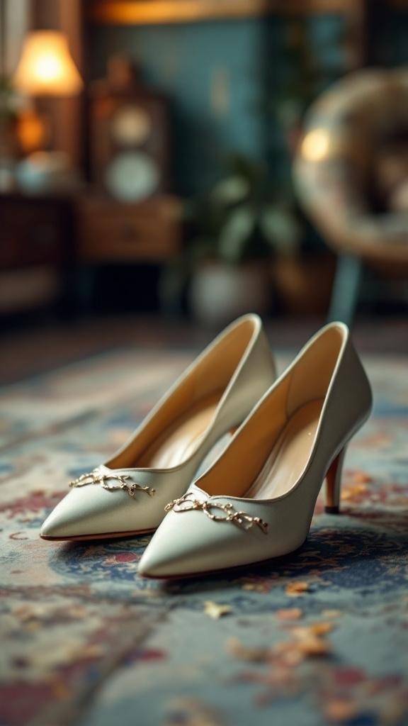 A pair of elegant retro heels with a pointed toe and gold embellishment, placed on a patterned rug.