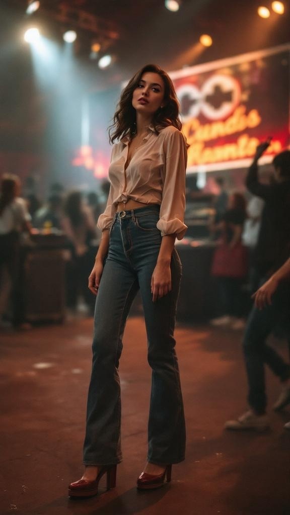 A model wearing high-waisted jeans and a tied-up blouse at a concert, showcasing a retro vibe.