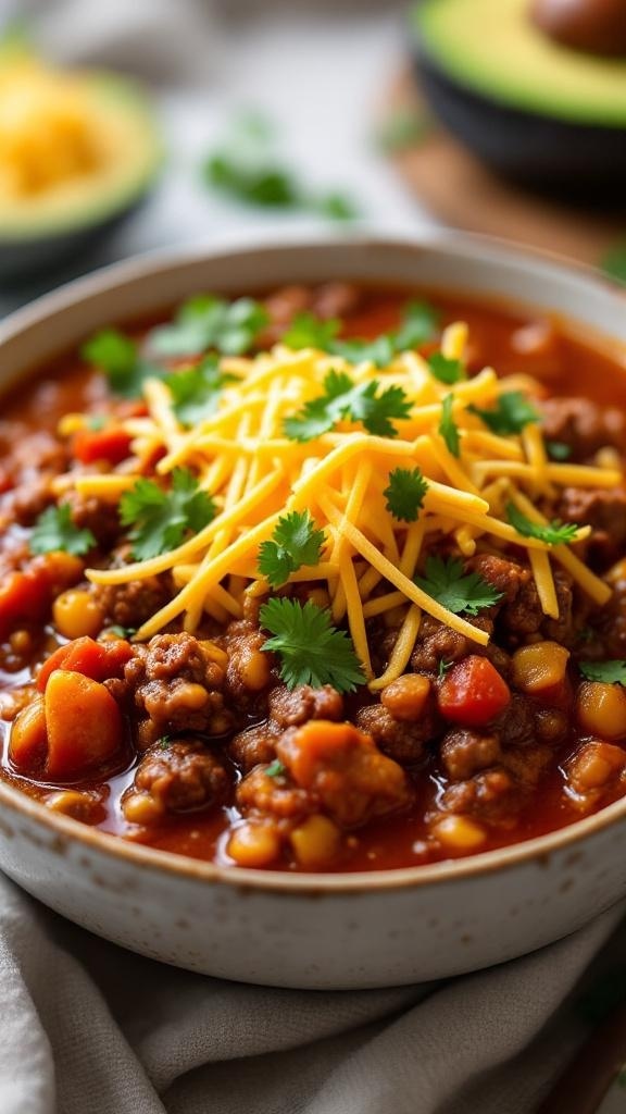 A bowl of keto chili topped with cheese and cilantro