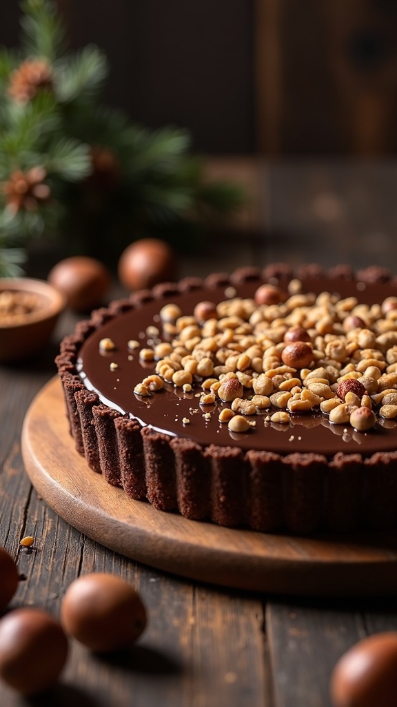 A chocolate hazelnut tart topped with roasted hazelnuts on a wooden board.